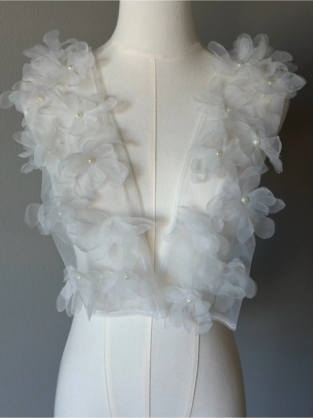 Sheer White Floral Mesh Gloves with Faux Pearl Accents